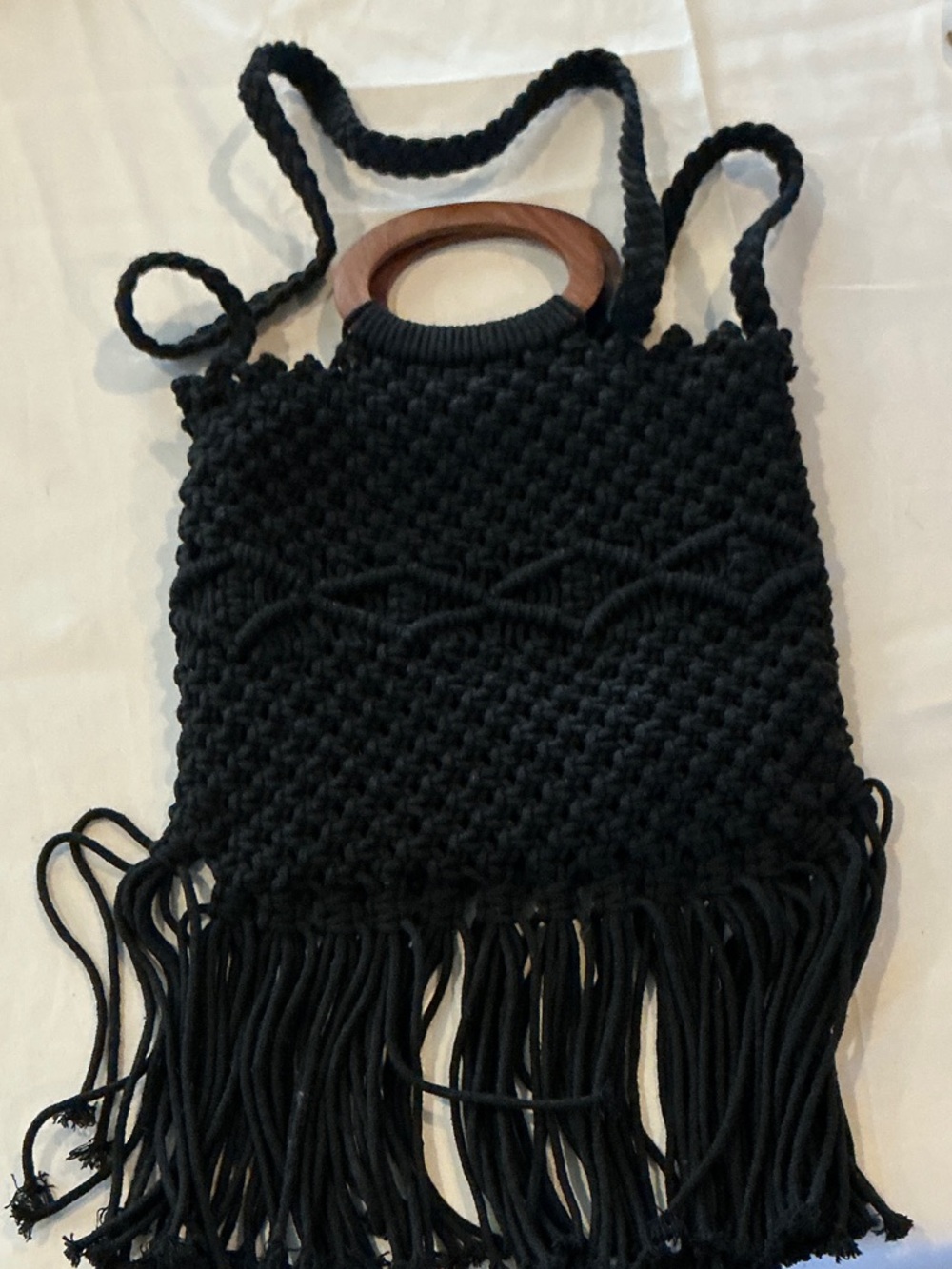 Danielle Nicole Black Macramé Fringe Shoulder Bag with Wooden Rings